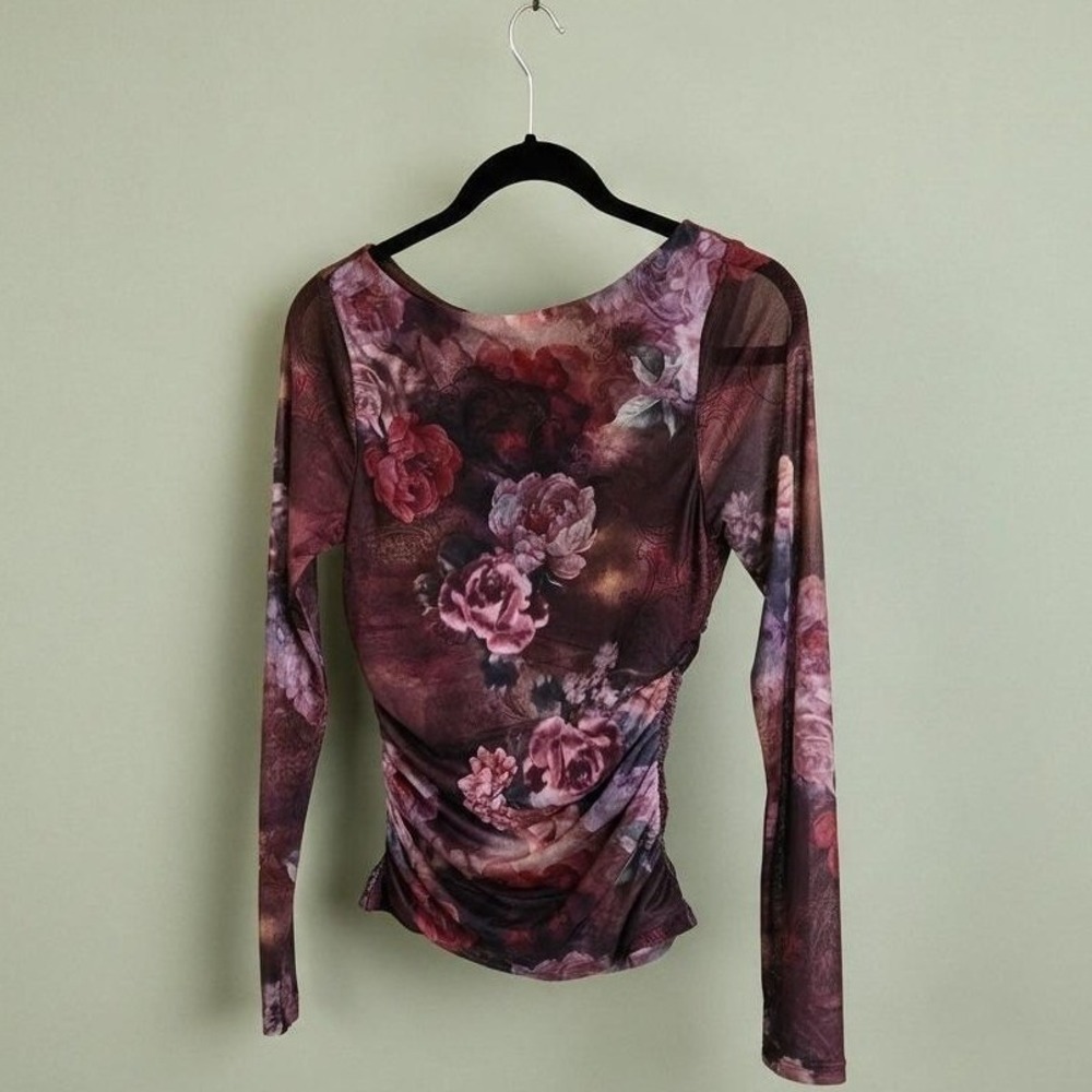 Dylan Ryan NYC Floral Mesh Ruched Long Sleeve Top Burgundy Purple M NWT